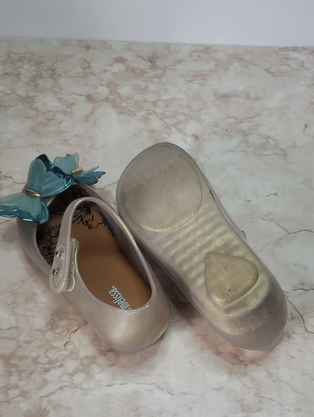 Mini Melissa Girls Metallic Gold Mary Jane Flats with Blue Butterfly Accent 10